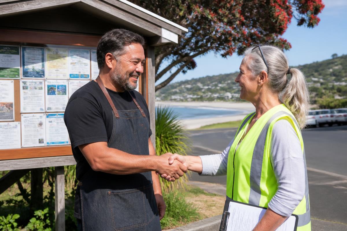A local business owner and a community volunteer shaking hands in front of a community noticeboard