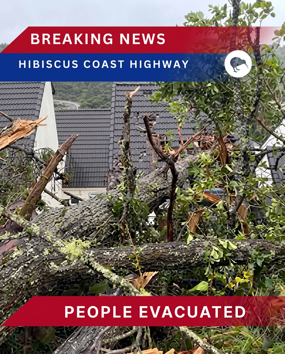 Fallen trees and storm damage blocking Hibiscus Coast Highway during a severe weather event