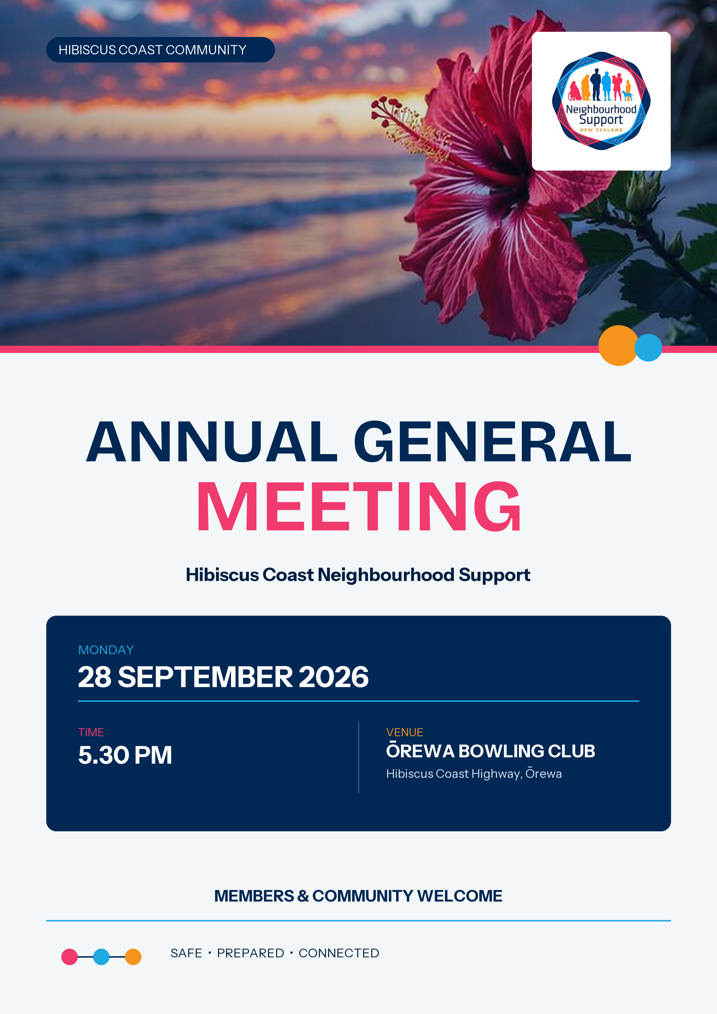 Hibiscus Coast Neighbourhood Support Annual General Meeting flyer — 28 September 2026, 5.30 PM, Ōrewa Bowling Club