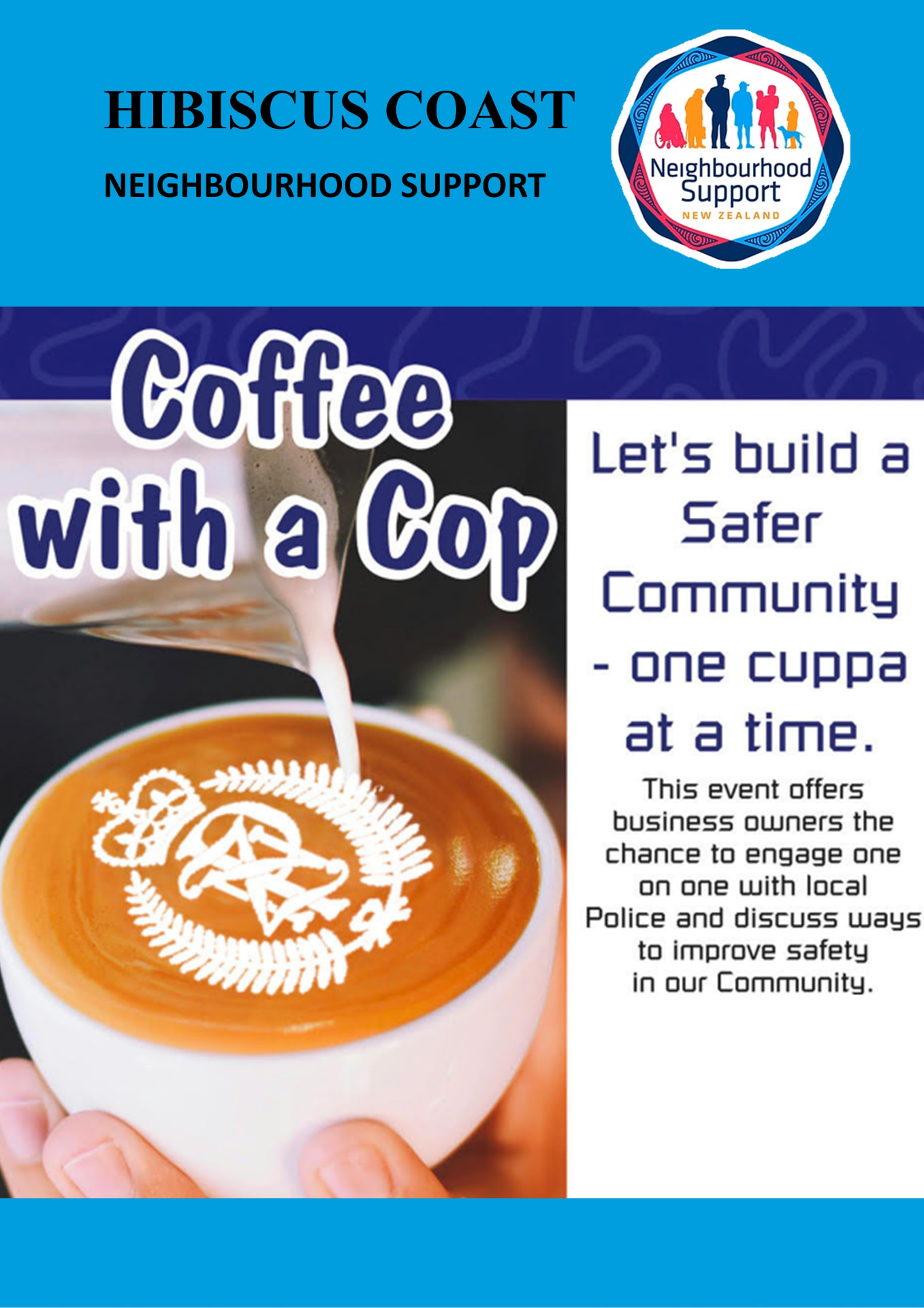 Coffee with a Cop event poster — a latte with the New Zealand Police crest poured into it