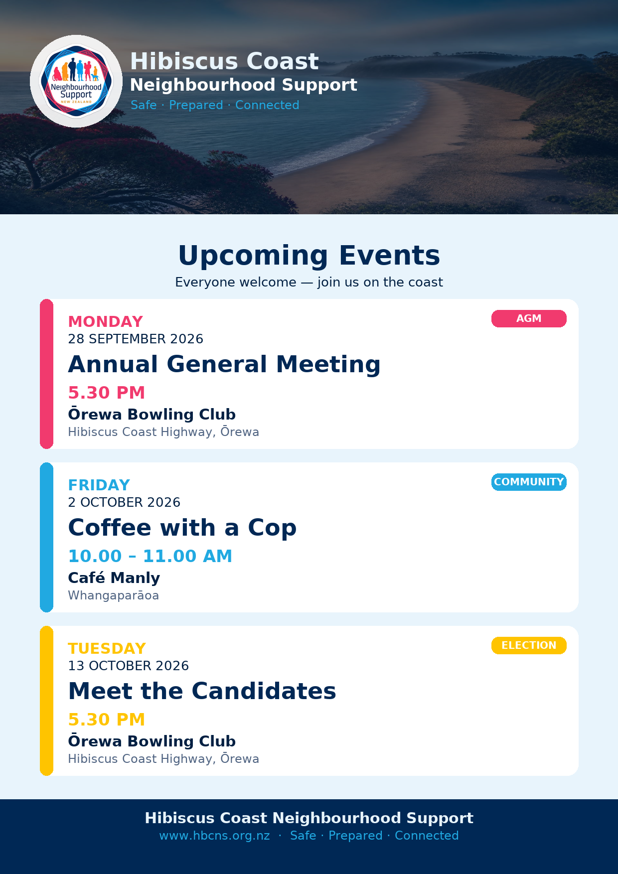 Hibiscus Coast Neighbourhood Support spring events flyer — AGM 28 September, Coffee with a Cop 2 October, Meet the Candidates 13 October