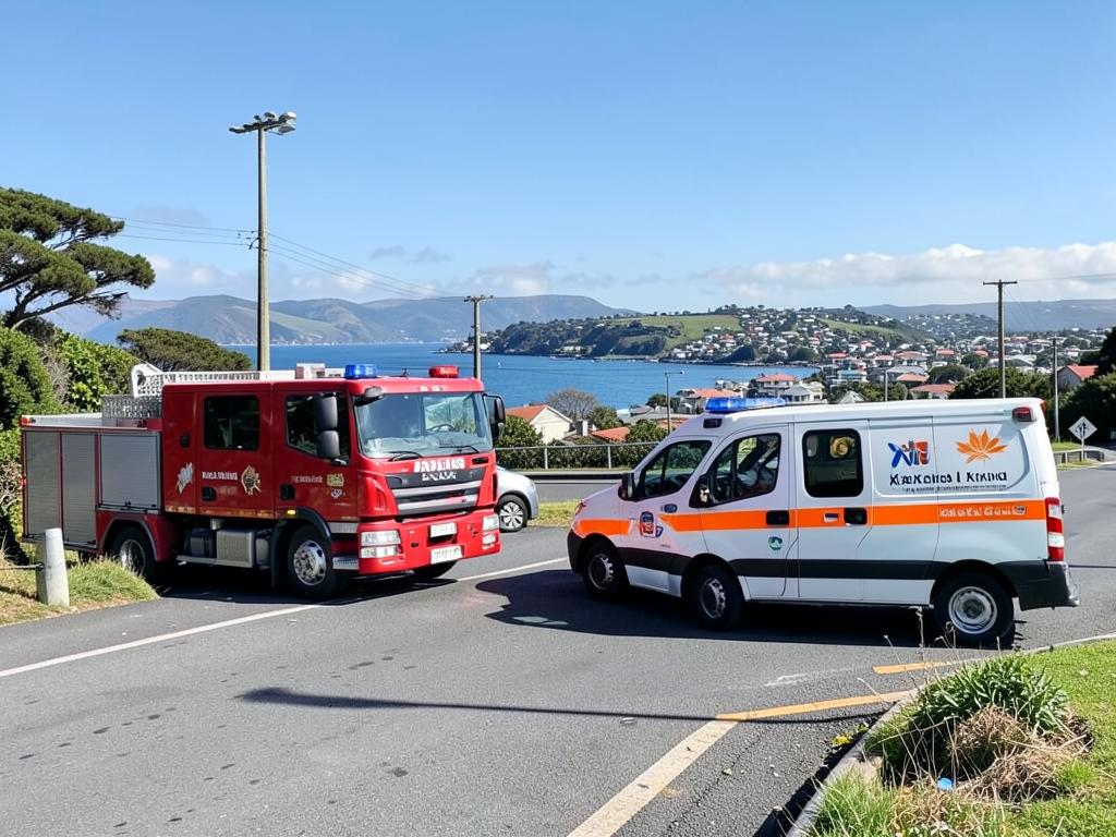 Emergency services — a fire truck and ambulance parked at a roadside scene