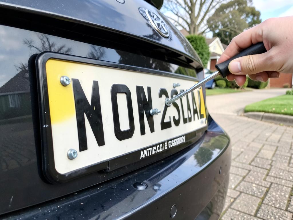 A New Zealand car number plate being fitted with anti-theft security screws