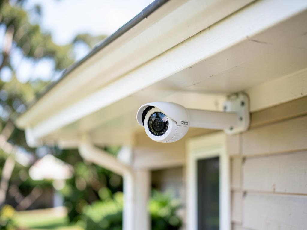 A home CCTV security camera mounted under the eaves of a suburban house