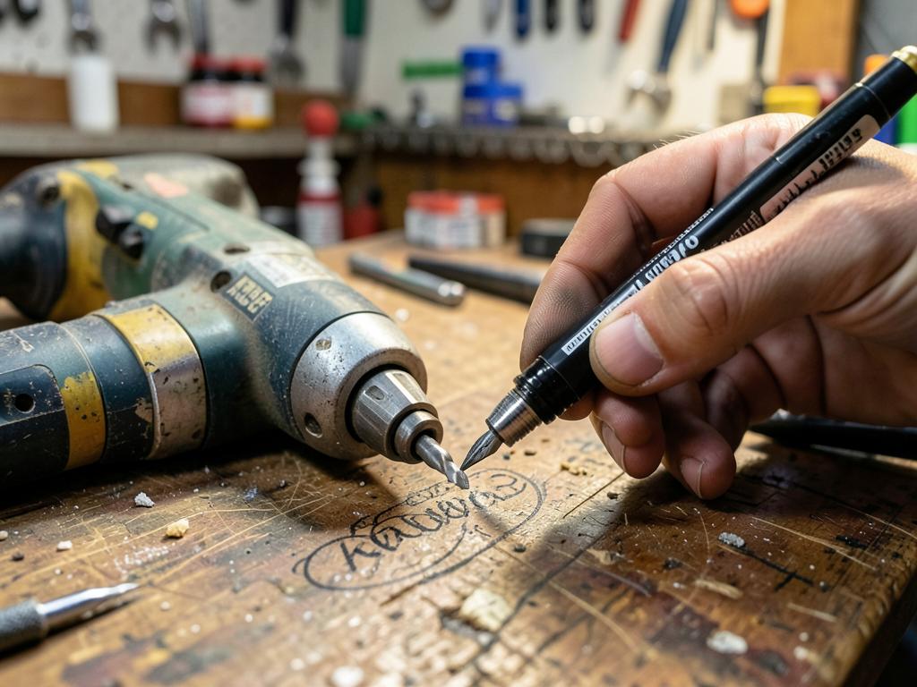 Power tools being marked with an engraving pen on a workbench