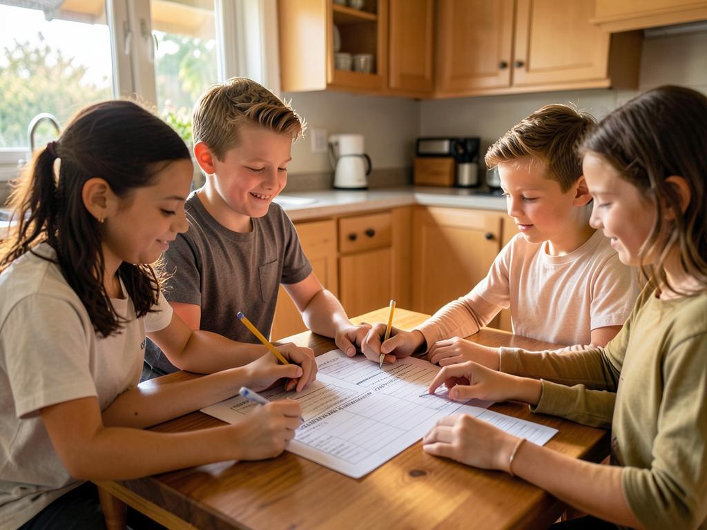 A family around a kitchen table writing a household emergency plan together