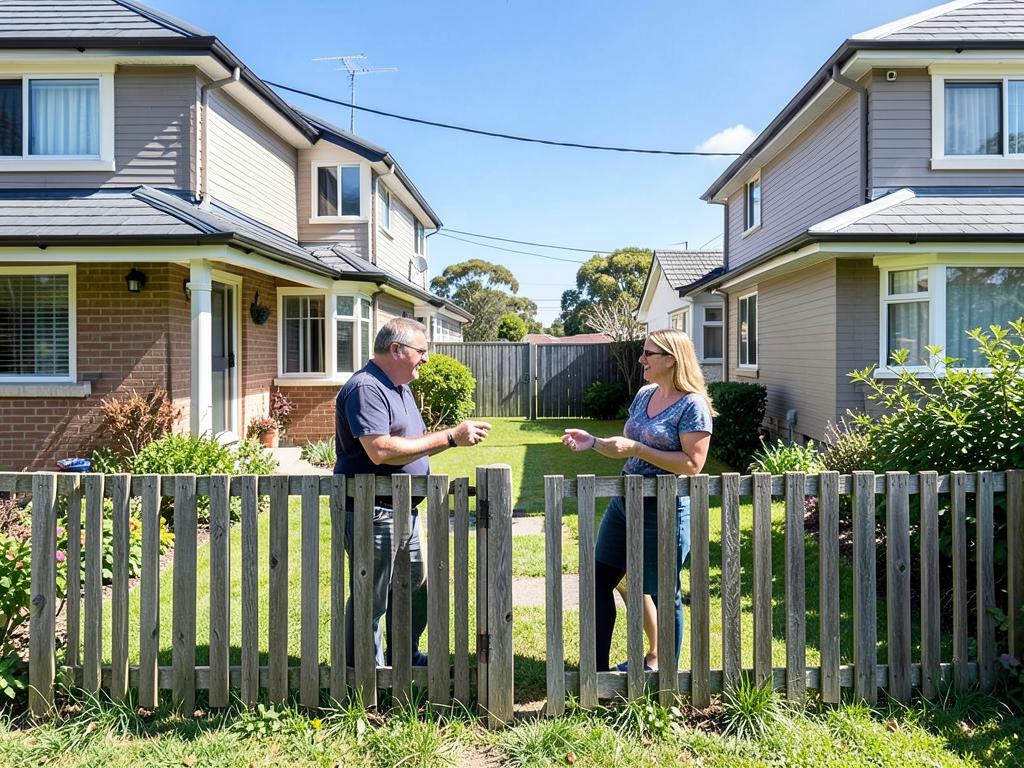 Two neighbours chatting over a fence between suburban homes