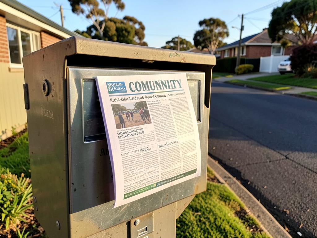 A community newsletter tucked into a letterbox on a suburban street