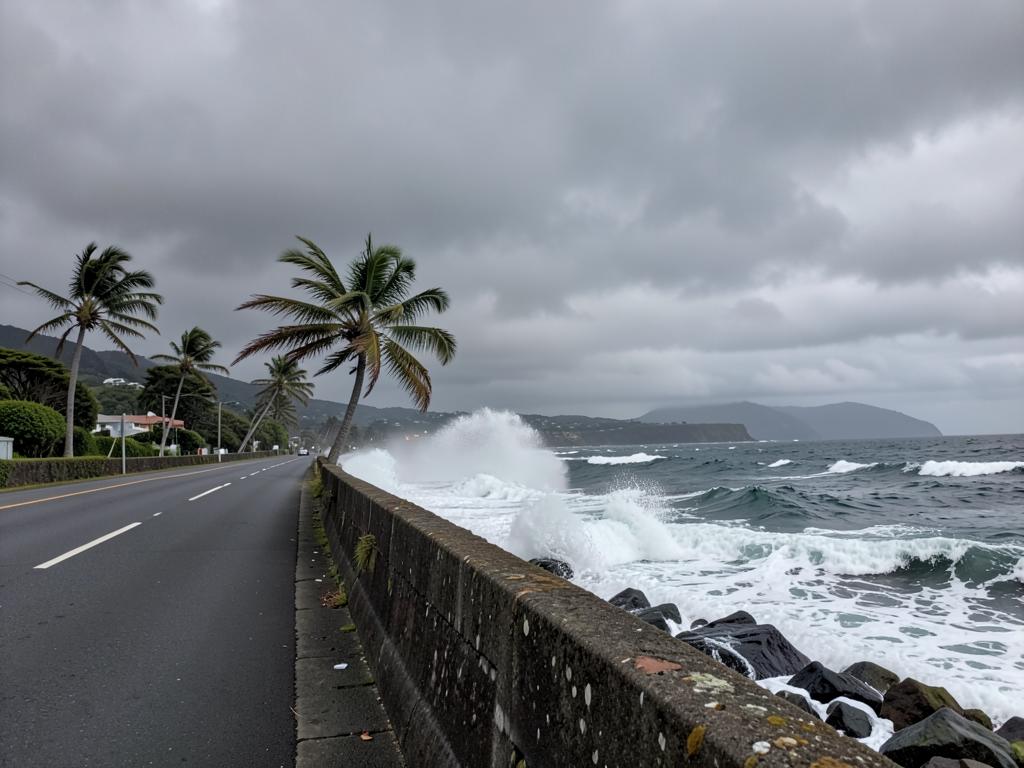 Storm waves crashing over a seawall on a coastal road